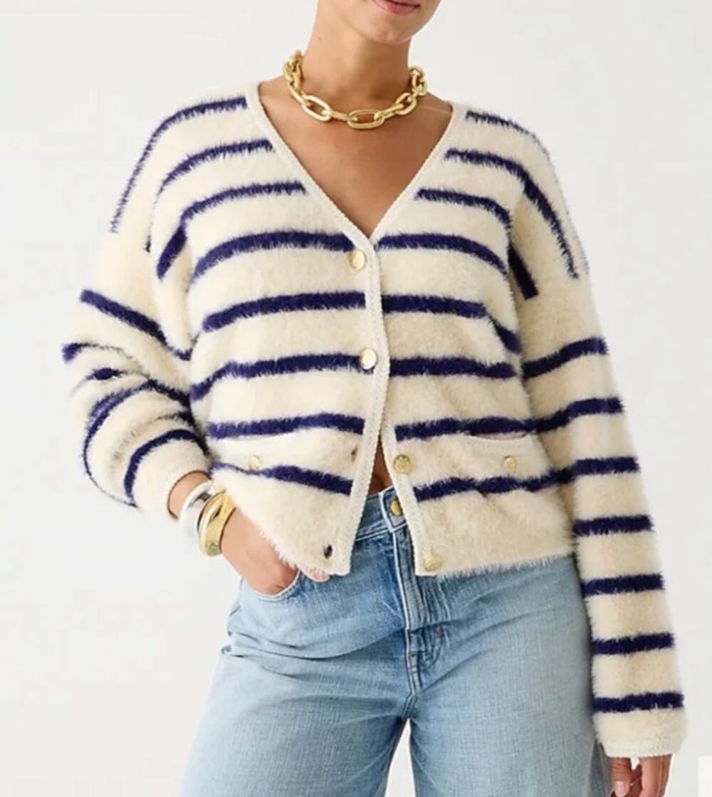 J. Crew Sweater Lady jacket in striped brushed yarn Ivory Blue Gold XS